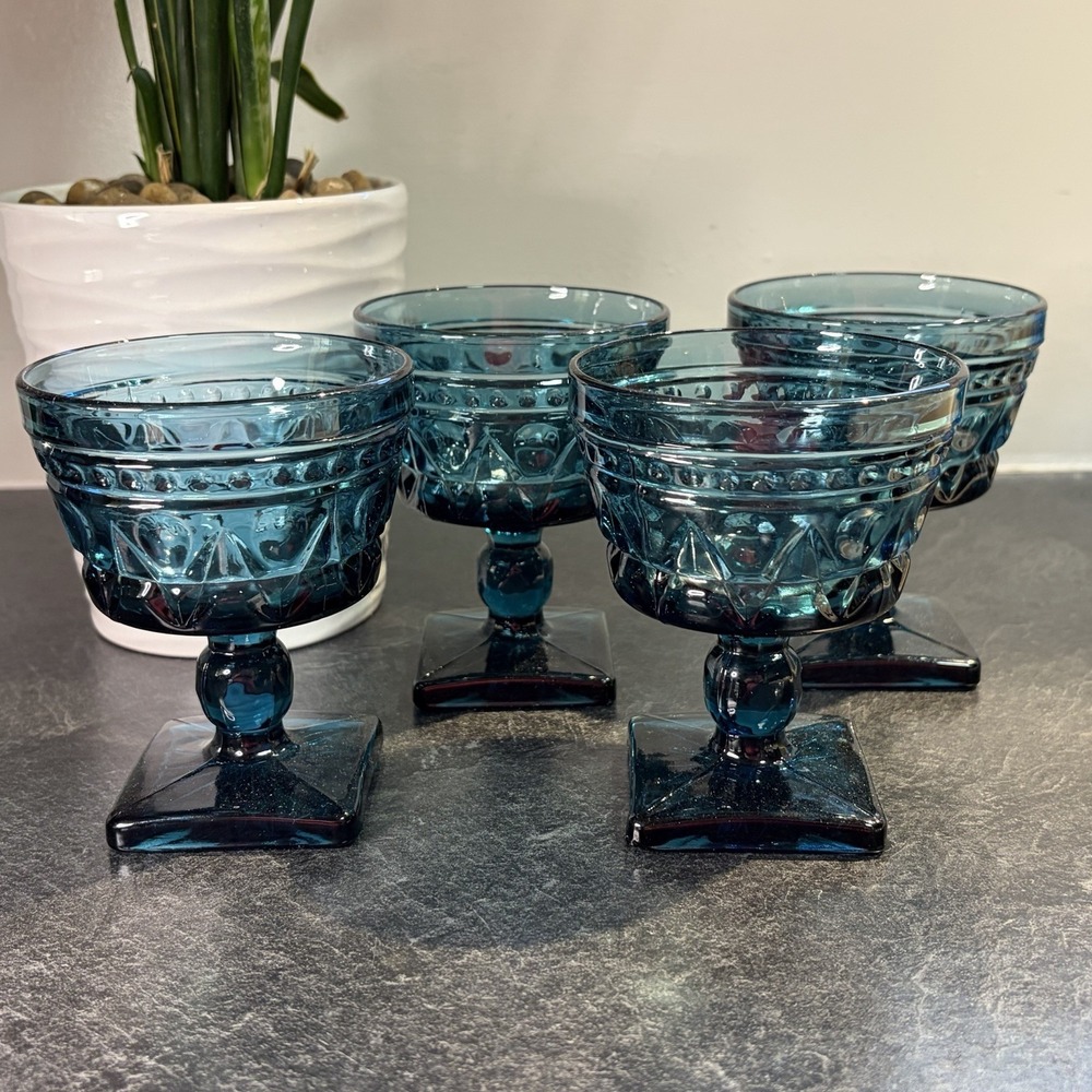 4- Colony By Indiana Glass Park Lane Blue Tall Sherbet Champagne Glasses EUC